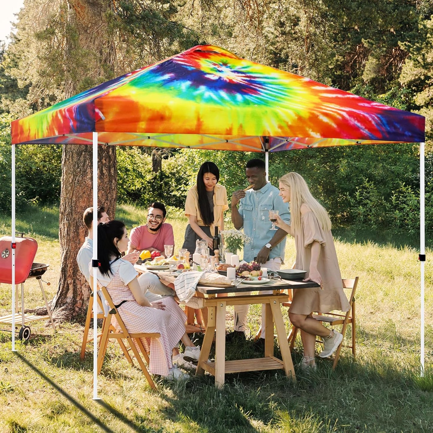 EAGLE PEAK Pop Up Canopy Tent with Wheeled Carry Bag, 8 Stakes, 4 Ropes, 4 Weight Bags, Easy Set Up Tent Canopy, 10x10 ft, 100sqft of Shade, Cosmic Tie Dye