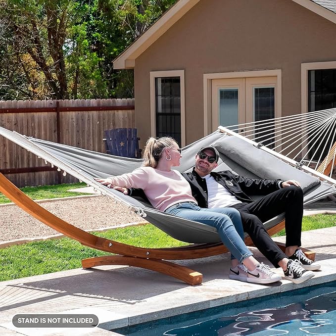 SUNCREAT Portable Double Hammock with Hardwood Spreader Bar, Extra Large Outdoor Hammock with Soft Pillow, 475 lbs Capacity, Light Gray