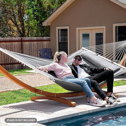 SUNCREAT Portable Double Hammock with Hardwood Spreader Bar, Extra Large Outdoor Hammock with Soft Pillow, 475 lbs Capacity, Light Gray