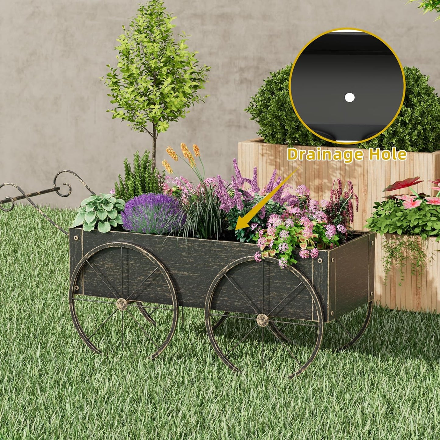 Metal Raised Garden Bed with Wagon Wheels, Small Wagon Planter Box Outdoor, Decorative Garden Planter Flower Cart for Flowers Herbs Vegetables, Patio and Balcony Decor (Golden)