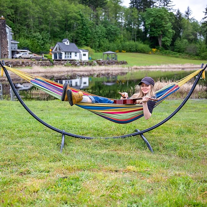 SUNCREAT Portable Large Hammock with Stand, Two Person Hammock with Stand Included, Rainbow Stripes