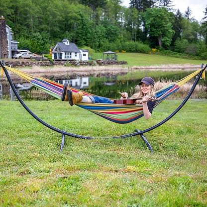 SUNCREAT Portable Large Hammock with Stand, Two Person Hammock with Stand Included, Rainbow Stripes