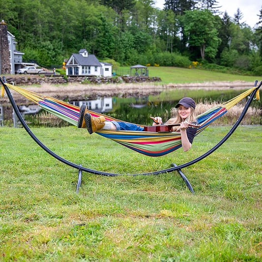 SUNCREAT Portable Large Hammock with Stand, Two Person Hammock with Stand Included, Rainbow Stripes