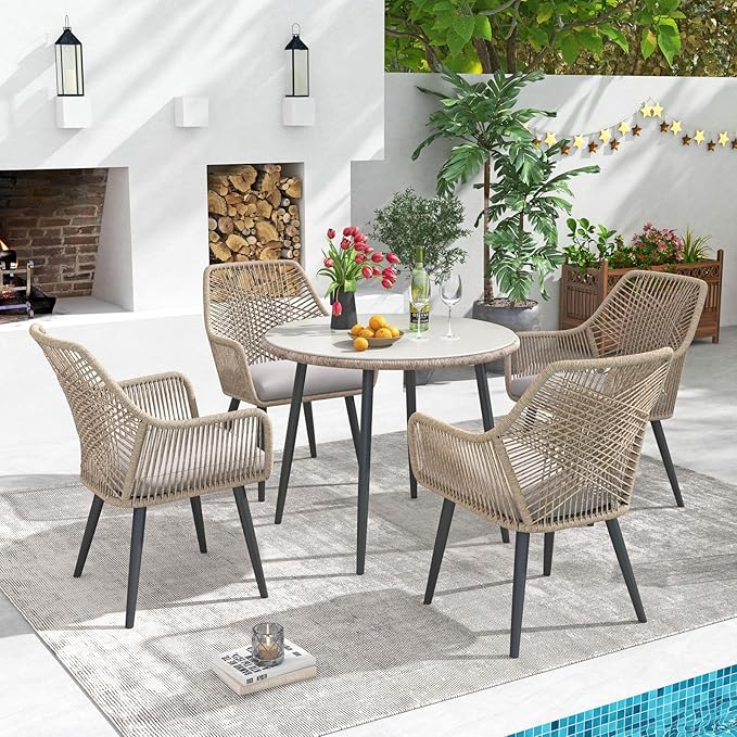 Patiorama 5-Piece Patio Dining Set, Outdoor Dining Table Chair Set, All-Weather Twisted Rattan Wicker Rope Conversation Set, Patio Furniture Set w/Umbrella Hole,Cushioned Chairs&Table(Tan&Cross Back)