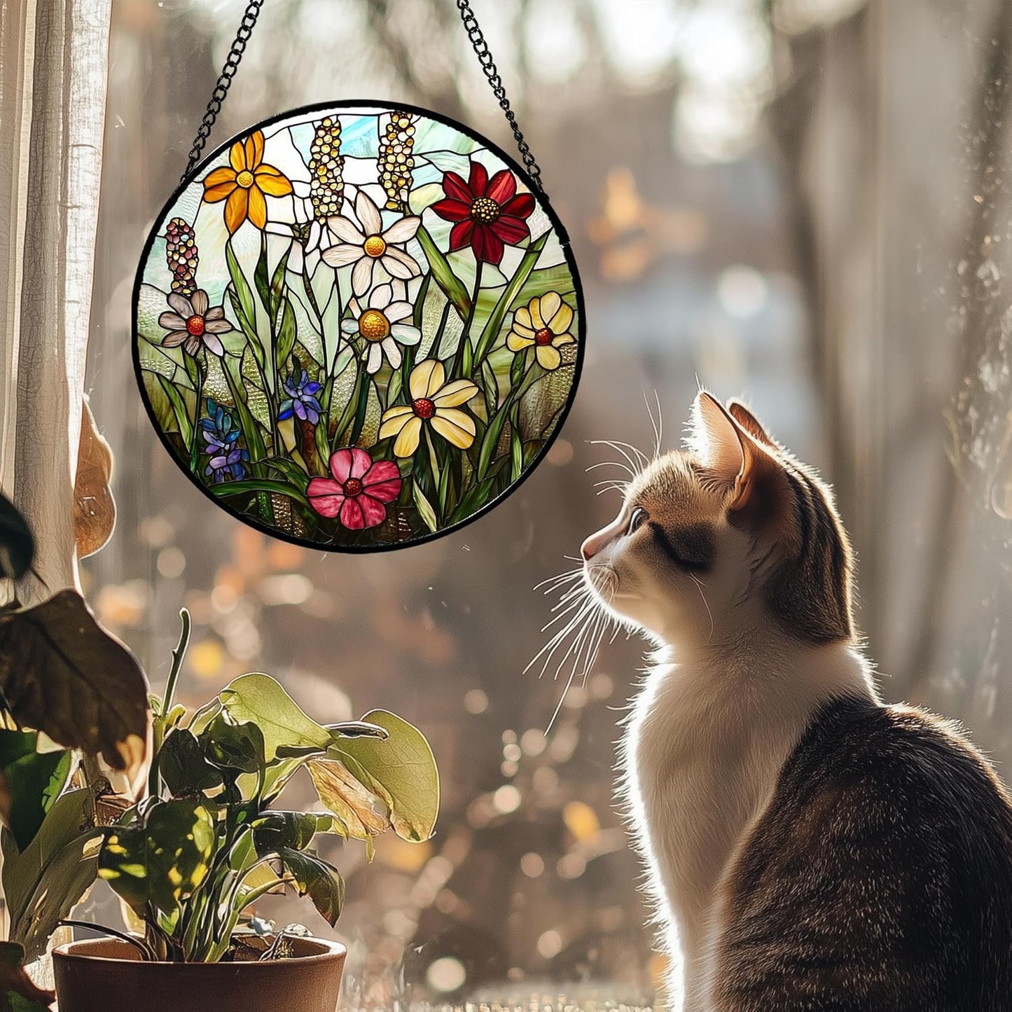 Stained Glass Window Hanging, Colorful Wildflowers Plant Scenery Suncatcher for Doors Window Home White Green Sun Catchers Decor Mother's Day Birthday Gifts for Women, Men Mom 6.3 in