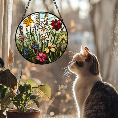 Stained Glass Window Hanging, Colorful Wildflowers Plant Scenery Suncatcher for Doors Window Home White Green Sun Catchers Decor Mother's Day Birthday Gifts for Women, Men Mom 6.3 in