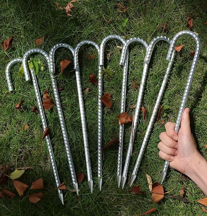 AAGUT Rebar Stakes 12 Inch J Hook Heavy Duty 16 Pack, 3/8 Inch Galvanized Metal Steel Ground Anchors Chain Link Fence Stakes for Camping Tent, Inflatables, Yard Decorations, Canopies & Swing Sets