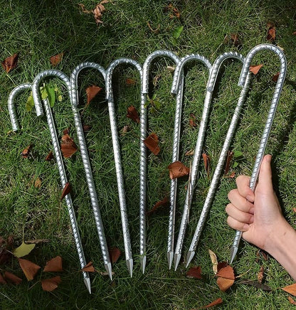 AAGUT Rebar Stakes 12 Inch J Hook Heavy Duty 16 Pack, 3/8 Inch Galvanized Metal Steel Ground Anchors Chain Link Fence Stakes for Camping Tent, Inflatables, Yard Decorations, Canopies & Swing Sets