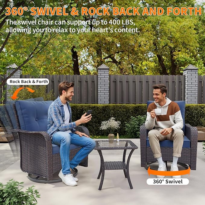 Gotland Outdoor Swivel Chairs Set of 2, 3 Pieces Patio Furniture Set with Thick Cushion, Wicker Rocking Patio Chairs Set of 2, Patio Bistro Set with Double-Layer Coffee Table for Balcony Porch Navy