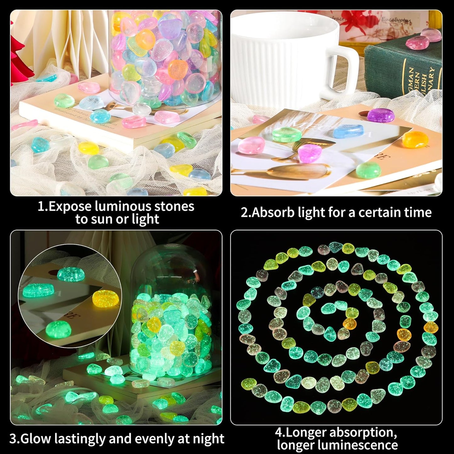 OSOPOLA 150 PCS Glow in The Dark Rocks - Mix Color Luminous Stones Fish Tank Accessories DIY Decor Pebbles for Fairy Garden Yard FD05MX150B