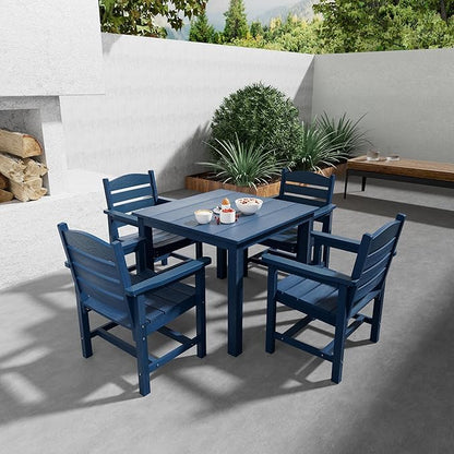Poly Lumber Patio Dining Set, HIPS Outdoor 36.2-Inches Dining Table and Ladder Back Chairs, with Umbrella Hole, Weather Resistant (5 Piece, Navy Blue)