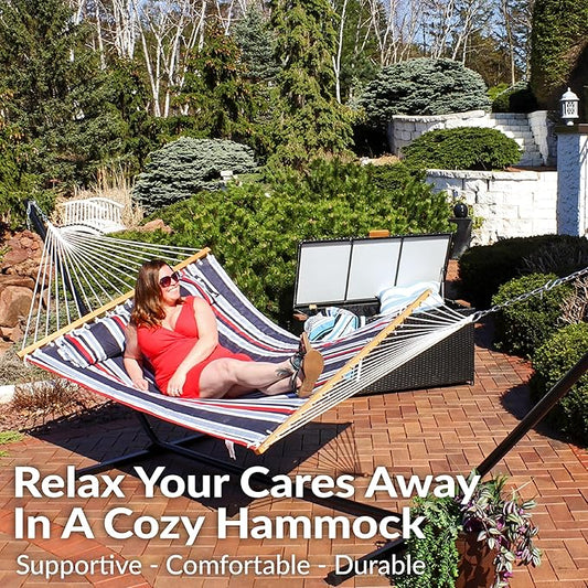 Sunnydaze Quilted Outdoor Hammock with Spreader Bars - Heavy-Duty 450-Pound Capacity Double Hammock for Outside - Nautical Stripe
