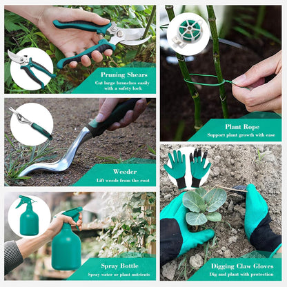 FiveJoy Garden Tool Set, 11 PCS Aluminum Gardening Hand Tools with Tote Bag, Ergonomic Handle, Gift for Women, Men, Mom, Dad, Garden Starter Kit