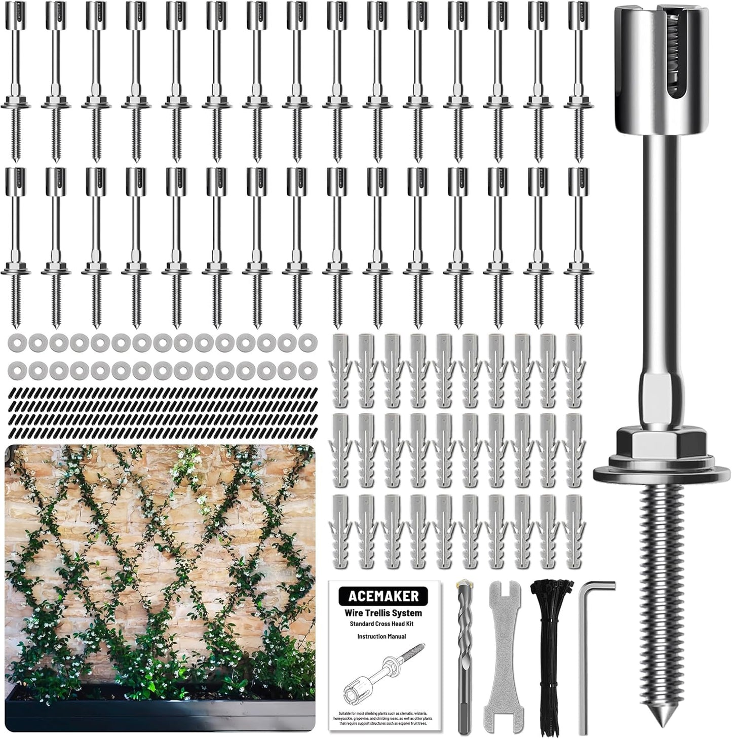 Wire Trellis for Climbing Plants Outdoor, 30-Set Wall Trellis Kit for 5/64"(2mm) Wire Ropes, T316 Espalier System for Fence and Garden DIY Projects (Hubs Only, Without Cable)
