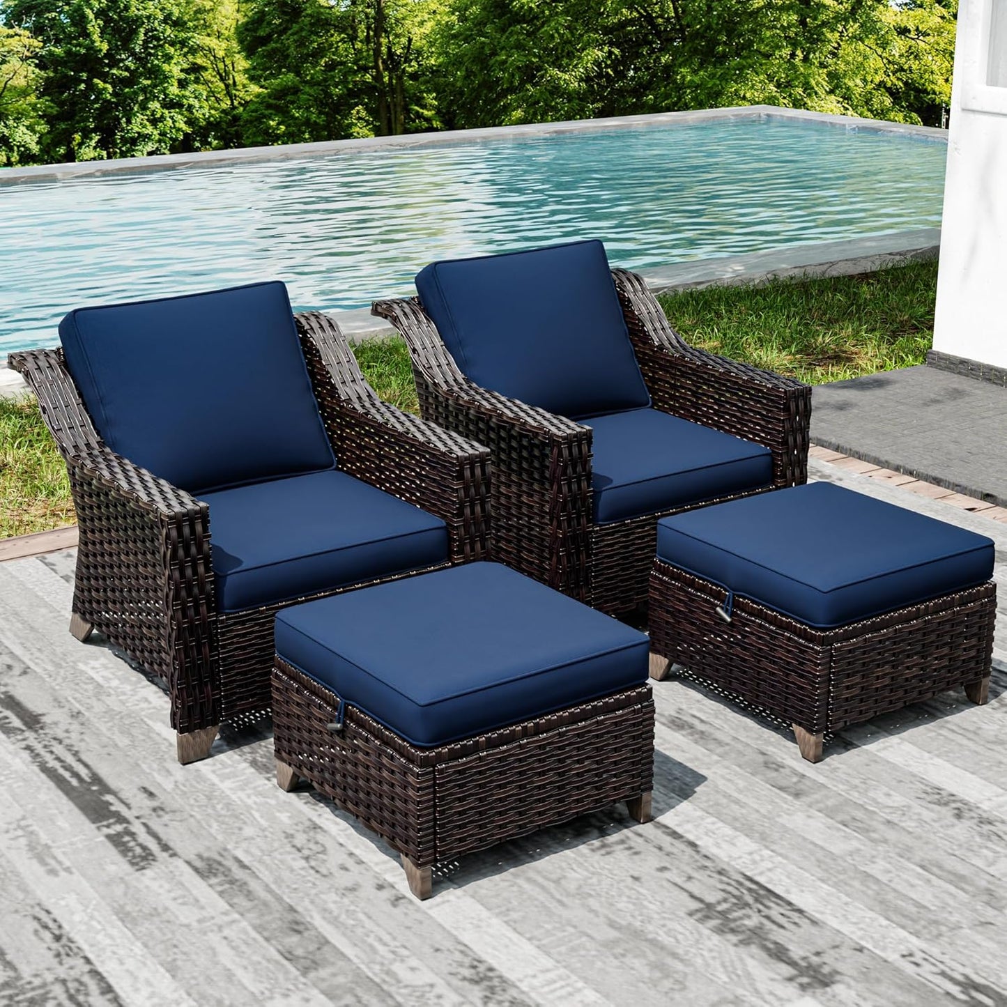 Joyside Wicker Patio Furniture Sets, 4 Pieces Upgraded Large Size Outdoor Furniture with Patio Dining Chairs and Outdoor Ottoman, Thick Cushions, Wide Armrest