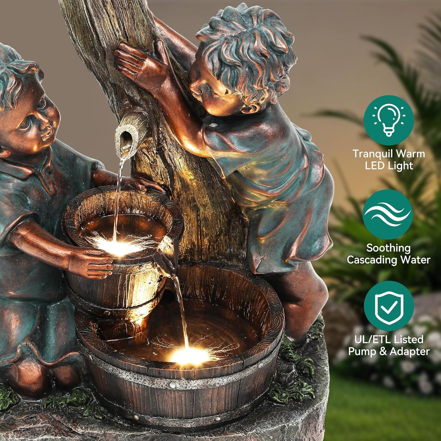 31" Resin Outdoor Water Fountain with LED Lights, Boy and Girl, Pagoda and Wood Barrel Garden Fountain, 3-Tier Cascading Waterfall for Tranquil Backyard, Patio or Porch, Faux Bronze Finish