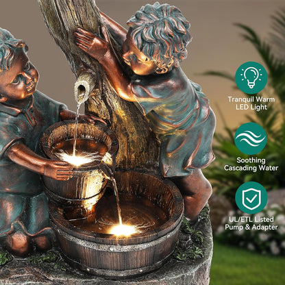 31" Resin Outdoor Water Fountain with LED Lights, Boy and Girl, Pagoda and Wood Barrel Garden Fountain, 3-Tier Cascading Waterfall for Tranquil Backyard, Patio or Porch, Faux Bronze Finish