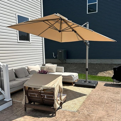 PURPLE LEAF 9' X 9' Patio Umbrella Outdoor Cantilever Umbrella, Aluminum Offset Umbrella with Champagne Frame and 360° Rotation for Pool Deck Garden, Beige