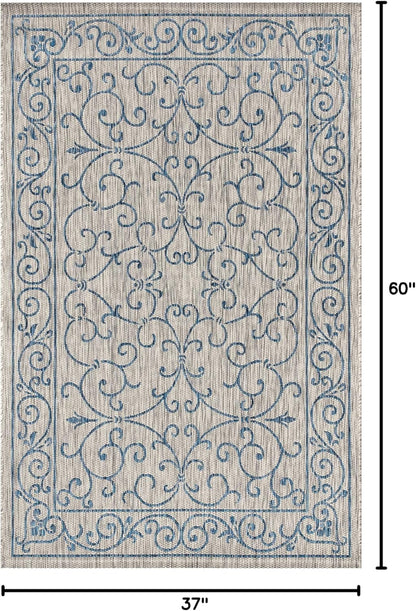 JONATHAN Y SMB106C-3 Charleston Vintage Filigree Textured Weave Indoor/Outdoor Gray/Navy 3 ft. x 5 ft. Area Rug, Classic,Easy-Cleaning,HighTraffic,LivingRoom,Backyard, Non Shedding
