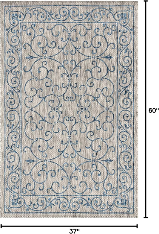 JONATHAN Y SMB106C-3 Charleston Vintage Filigree Textured Weave Indoor/Outdoor Gray/Navy 3 ft. x 5 ft. Area Rug, Classic,Easy-Cleaning,HighTraffic,LivingRoom,Backyard, Non Shedding