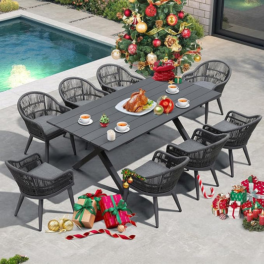 PURPLE LEAF 9 Pieces Patio Dining Set with Outdoor Aluminium Dining Table and Woven Rattan Chairs Modern Metal Furniture Cushions Sets for Garden Yard Indoor Decor Kitchen Gray