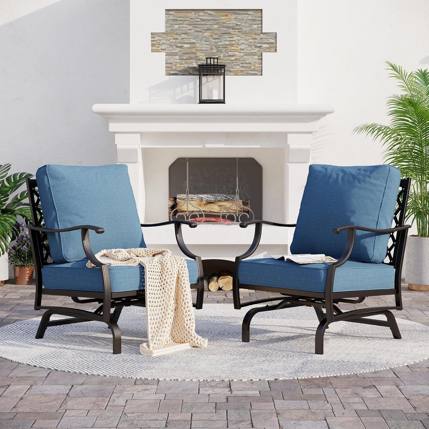 Metal Outdoor Rocker Patio Chairs Set of 2 with 5.75" Extra Thick Cushion, 2 Piece High Back Rocker Patio Chairs All Weather Outdoor Furniture Seating for Deck Balcony Porch, Navy