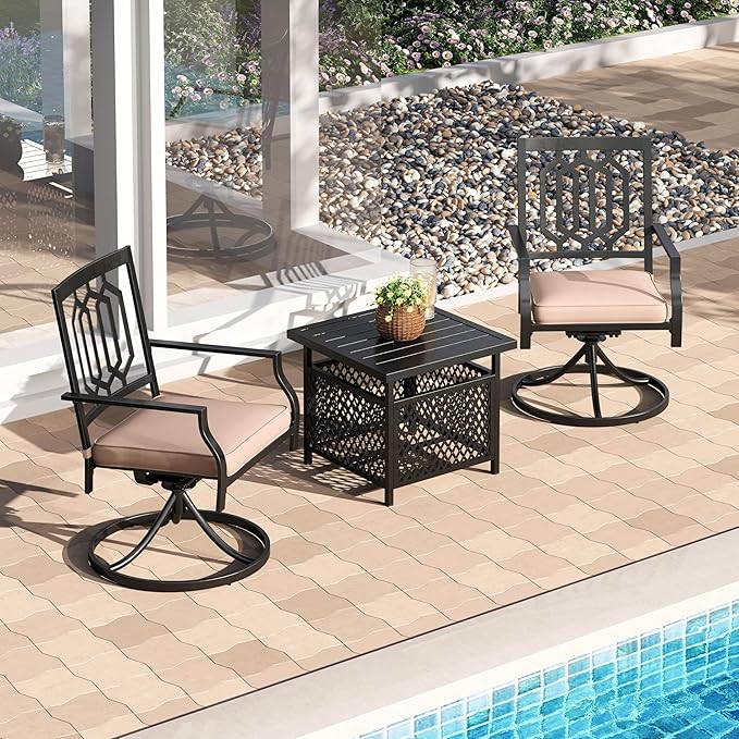 PHI VILLA 3 Piece Outdoor Bistro Set for 2, 22" Wrought Iron Square Table with Umbrella Hole & Swivel Metal Chairs, Small Furniture Conversation Set for Porch, Deck, Balcony, Patio, Yard - Black