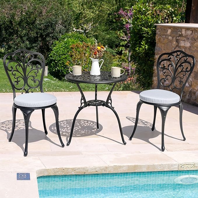 NUU GARDEN Bistro Set 3 Piece Outdoor All Weather Cast Aluminum Patio Bistro Set Patio Table and Chairs Set of 2 with Umbrella Hole and Gray Cushions for Backyard, Balcony, Lawn, Black