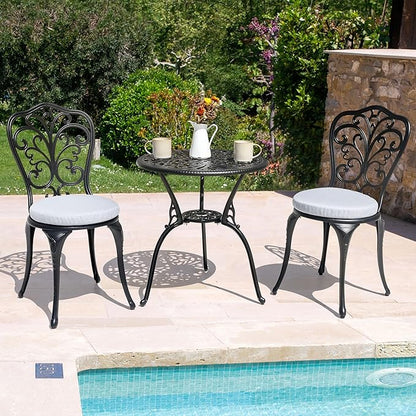 NUU GARDEN Bistro Set 3 Piece Outdoor All Weather Cast Aluminum Patio Bistro Set Patio Table and Chairs Set of 2 with Umbrella Hole and Gray Cushions for Backyard, Balcony, Lawn, Black