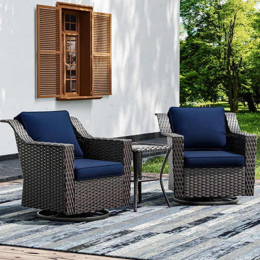 Joyside Wicker Patio Furniture Sets, 3 Pieces Upgraded Large Size Outdoor Furniture with 2 Patio Swivel Chairs and 1 Side Table, Thick Cushions, Wide Armrest