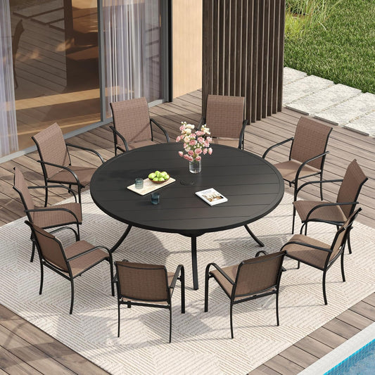 VICLLAX 11 Pieces Patio Dining Set for 10, Outdoor Furniture Set Includes 60" Round Outdoor Table and 10 Lawn Stackable Chairs, Black Tabletop and Brown Fabric