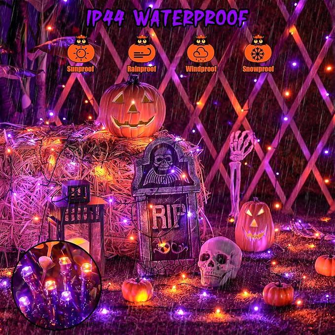 JMEXSUSS Orange and Purple Solar Halloween Lights, 2 Pack Total 400 LED Solar String Lights Outdoor Waterproof, 8 Modes Halloween Light for Outside Patio Yard Tree Decorations