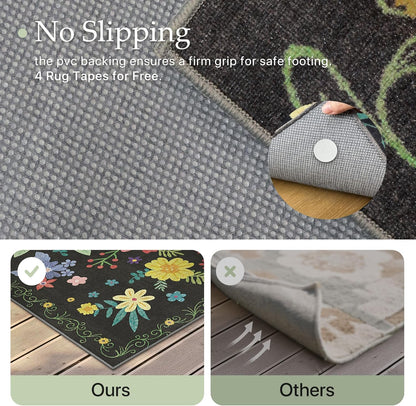 GENIMO Indoor Outdoor Area Rug 2' X 10' Waterproof, Washable Runner Rug Non Shedding, Easy Cleaning Floral Outdoor Carpet for Patio, Living Room, Bedroom, Entryway, Porch, Dining Room, Black