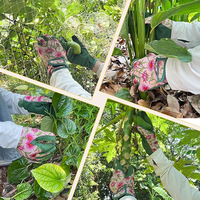 Gardening Gloves for Women, Garden Gloves with Touch Screen, Thorn Proof Puncture Resistant Working Gloves, Gardening Gifts for Women (Green with Pink Flowers, Medium)