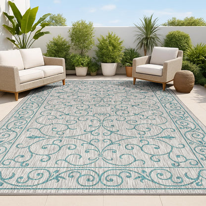 JONATHAN Y SMB106E-6 Charleston Vintage Filigree Textured Weave Gray/Teal 6 ft. x 9 ft. Indoor/Outdoor Area Rug, Pet Friendly, Non-Shedding, Stain Resistant, Easy-Cleaning for Backyard, Patio, Porch
