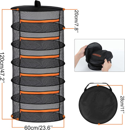 Desy & Feeci Herb Drying Rack-2ft Diameter 6 Layer Folding Mesh Hanging Basket Dryer Net with Zippers for Seeds Flowers Buds Plants Garden Outdoor Bumper Harvest(D24xH47 inch)