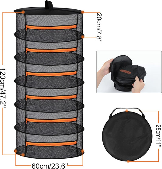 Desy & Feeci Herb Drying Rack-2ft Diameter 6 Layer Folding Mesh Hanging Basket Dryer Net with Zippers for Seeds Flowers Buds Plants Garden Outdoor Bumper Harvest(D24xH47 inch)