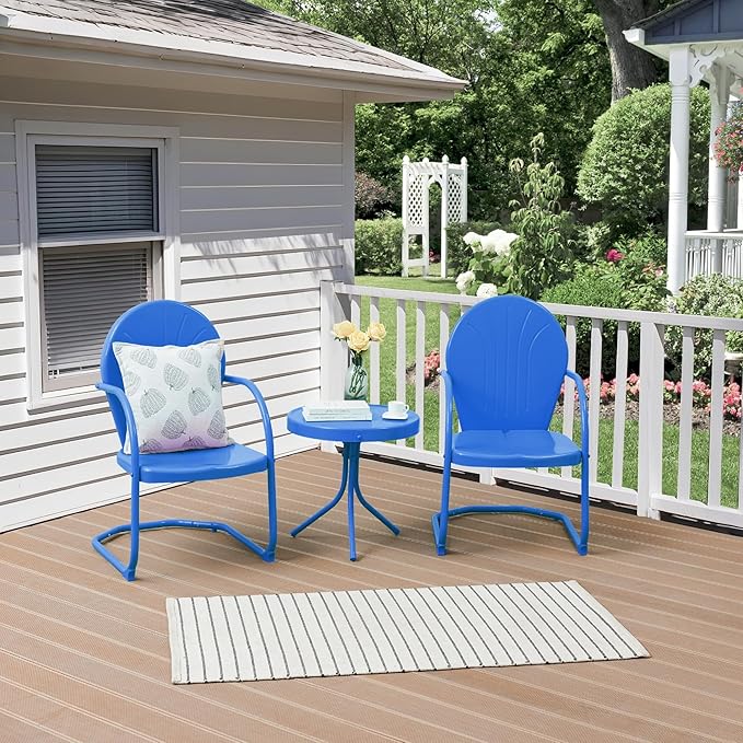 3 Pieces Patio Bistro Set Retro Metal Outdoor Seating Conversation, 2 C-Spring Retro Metal Patio Chairs and Round Side Table, for Balcony, Yard, Garden - Ocean Blue
