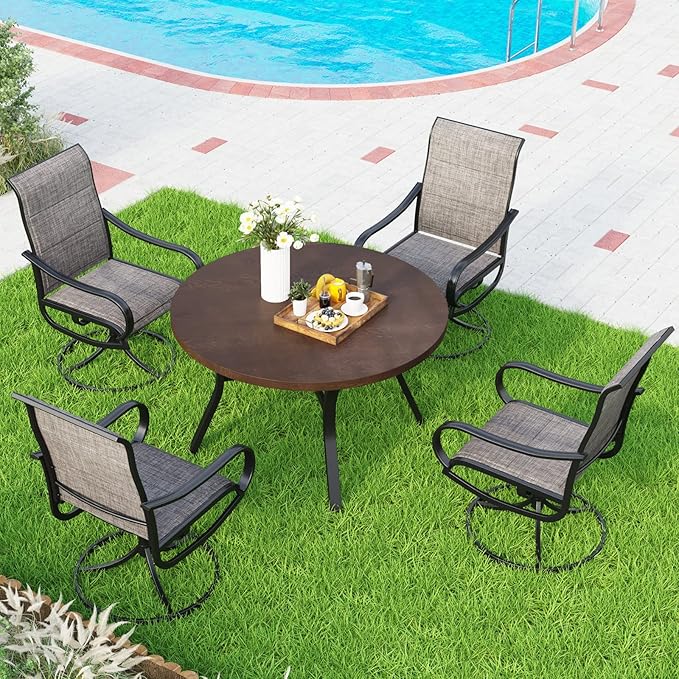 MFSTUDIO Round Patio Table and Chairs Set of 4, Outdoor Dining Set for Deck/Backyard/Poolside/Garden, 5 Piece Patio Furniture Set with Umbrella Hole