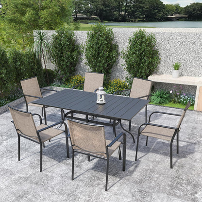 7-Piece Outdoor Patio Dining Set, 6 Stackable Patio Chairs & Rectangular Dining Table with All Weather Frame Furniture Set - Beige Gray