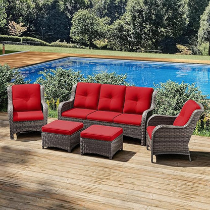 Joyside Patio Furniture Set 5-Piece Wicker Outdoor Furniture Conversational Set with 3-Seat Sofa, 2 Armchairs, 2 Ottoman Patio Rattan Wicker Sectional Sofa Set with Olefin Cushions(Mixed Grey/Red)