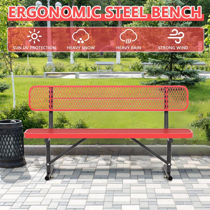 Heavy Duty Park Bench with Back Portable Frame, Outdoor Steel Bench with Backrest, Red Metal Bench Seat Expanded Metal Mesh Bench for Lawn, Park, Deck, Garden, Patio, Porch, Black (Red, 6FT)