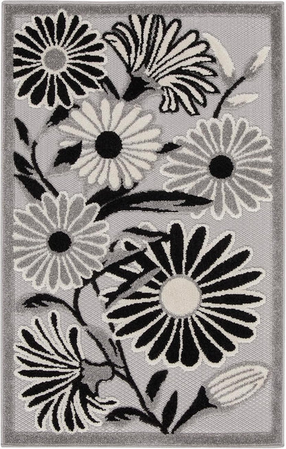 Nourison Home Aloha Indoor/Outdoor Black White 2'8" x 4' Area Rug, Easy Cleaning, Non Shedding, Bed Room, Living Room, Dining Room, Backyard, Deck, Patio (3x4)