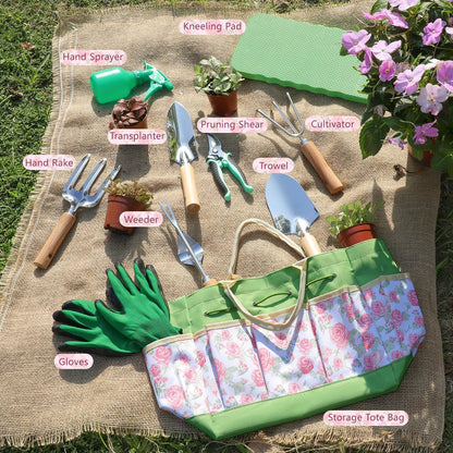LeMotech Garden Tools Set, 10-Piece Heavy Duty Garden Hand Tools Kit with Wooden Handle, Durable Organizer Bag for Garden Supplies, Gardening Gifts for Women Grandmother, Pink Floral Pattern