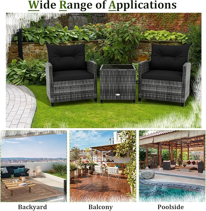 RELAX4LIFE 3 Piece Patio Furniture Set, Wicker Bistro Conversation Set w/2 Cushioned Armchairs & Glass Topped Table, Outdoor Rattan Sofa Set Patio Furniture for Porch Balcony Poolside (Grey-Black)