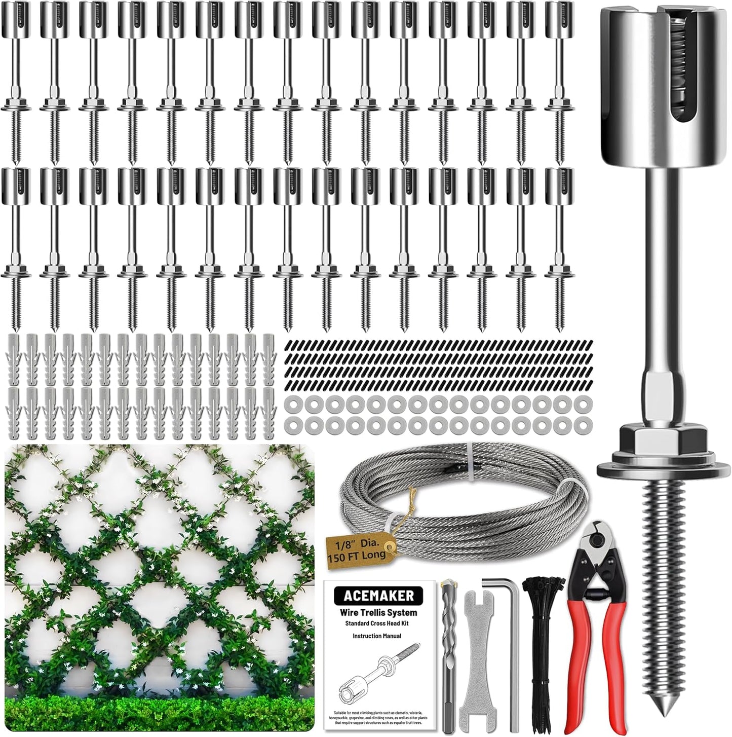Wire Trellis for Climbing Plants Outdoor, 30-Set Wall Wire Trellis Kit with 1/8in x 150ft Stainless Steel Cable & Cutter, T316 Espalier System for Fence and Garden DIY Projects