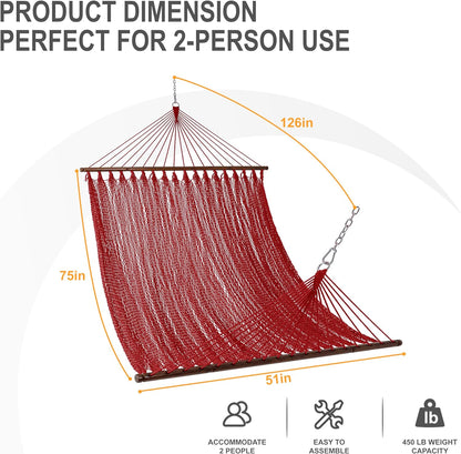 Lazy Daze Hammocks 10.5 FT Double 2 Person Caribbean Rope Hammock, Hand Woven Polyester Hammock with Spreader Bars, for Outside Outdoor Backyard Patio Poolside,450 LBS Capacity,Red