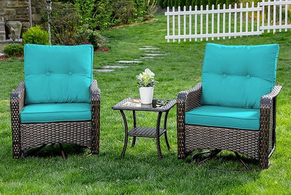 Gotland Outdoor Swivel Chairs Set of 2, 3 Pieces Patio Furniture Set with Thick Cushion, Wicker Rocking Patio Chairs Set of 2, Patio Bistro Set with Double-Layer Coffee Table for Balcony Porch Blue