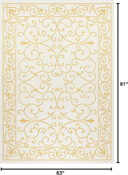 JONATHAN Y SMB106M-5 Charleston Vintage Filigree Textured Weave Indoor Outdoor Area Rug, Classic Traditional Easy-Cleaning,Bedroom,Kitchen,Backyard,Patio,Non Shedding, 5 X 8, Cream/Yellow