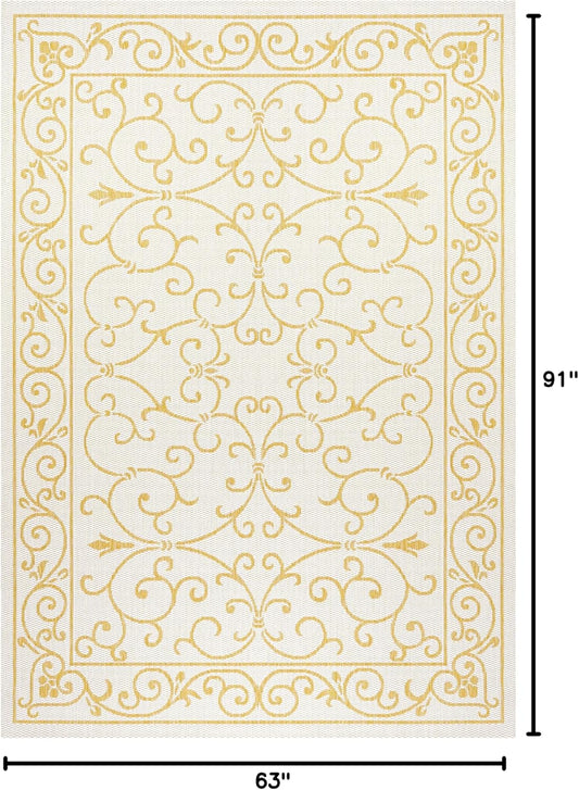 JONATHAN Y SMB106M-5 Charleston Vintage Filigree Textured Weave Indoor Outdoor Area Rug, Classic Traditional Easy-Cleaning,Bedroom,Kitchen,Backyard,Patio,Non Shedding, 5 X 8, Cream/Yellow